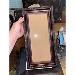 Mahogany Wood Tone Ornate Beaded Panoramic Picture Frame Gold Accents 14x7